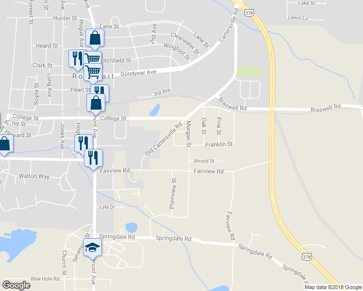 map of restaurants, bars, coffee shops, grocery stores, and more near 10 East Jackson Street in Rockmart