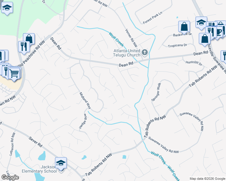map of restaurants, bars, coffee shops, grocery stores, and more near 2217 Birch Hollow Trail in Lawrenceville