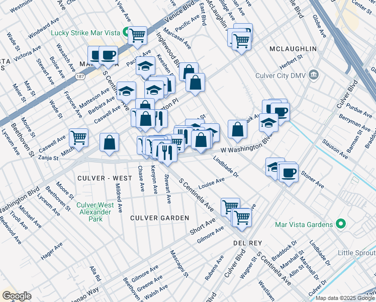 map of restaurants, bars, coffee shops, grocery stores, and more near 12231 West Washington Boulevard in Los Angeles