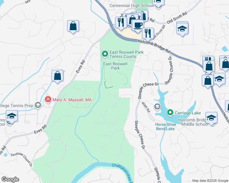 map of restaurants, bars, coffee shops, grocery stores, and more near 725 Danbridge Way in Roswell