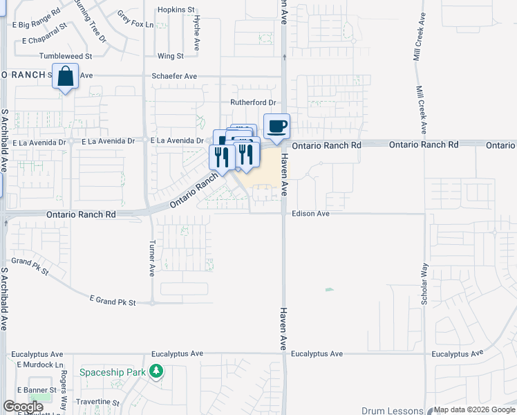 map of restaurants, bars, coffee shops, grocery stores, and more near 3418 East Paraduxx Privado in Ontario