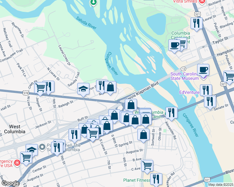 map of restaurants, bars, coffee shops, grocery stores, and more near 201 Riverside Drive in West Columbia