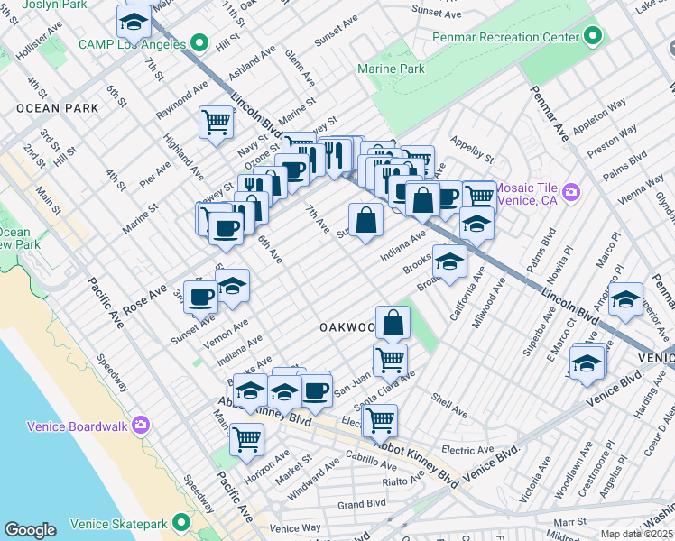 map of restaurants, bars, coffee shops, grocery stores, and more near 654 Vernon Avenue in Los Angeles