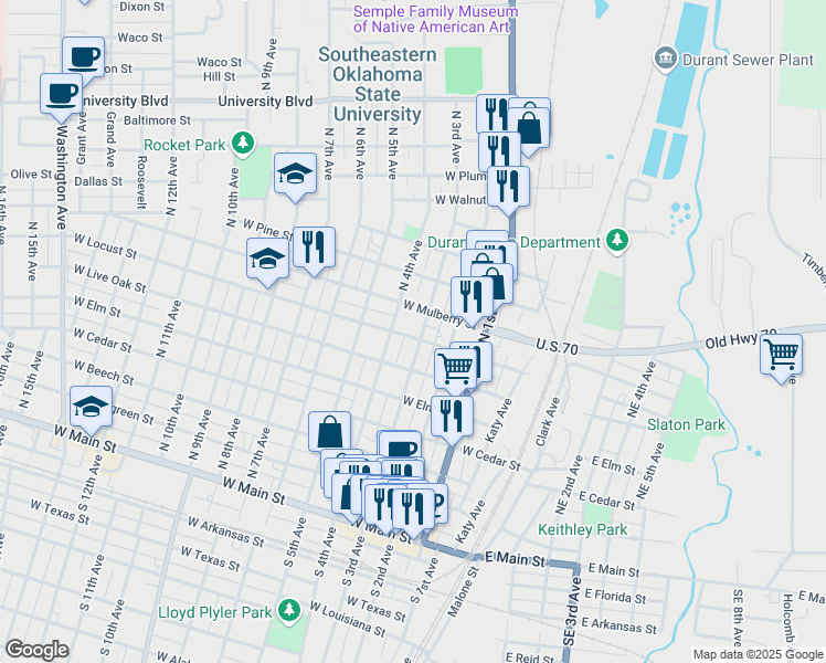 map of restaurants, bars, coffee shops, grocery stores, and more near 703 N 3rd Ave in Durant