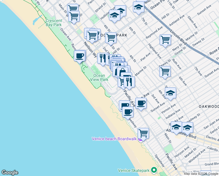map of restaurants, bars, coffee shops, grocery stores, and more near 37 Sea Colony Drive in Santa Monica