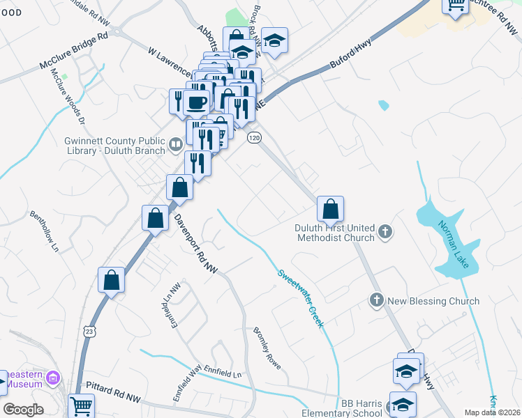 map of restaurants, bars, coffee shops, grocery stores, and more near 3351 Fox Street Northwest in Duluth