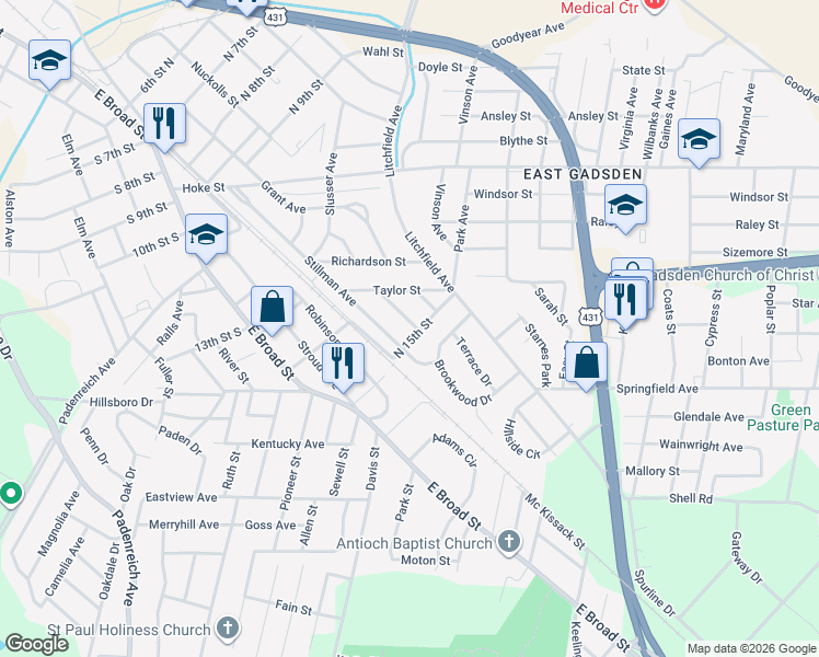 map of restaurants, bars, coffee shops, grocery stores, and more near 1323 Barksdale Street in Gadsden