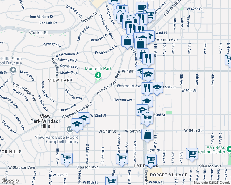 map of restaurants, bars, coffee shops, grocery stores, and more near 4929 Chesley Avenue in View Park-Windsor Hills