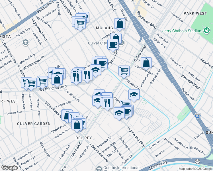 map of restaurants, bars, coffee shops, grocery stores, and more near 11819 1/2 Avon Way in Los Angeles
