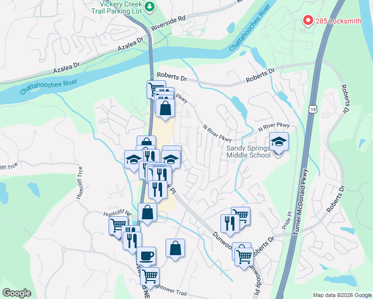 map of restaurants, bars, coffee shops, grocery stores, and more near 235 Winding River Drive in Sandy Springs