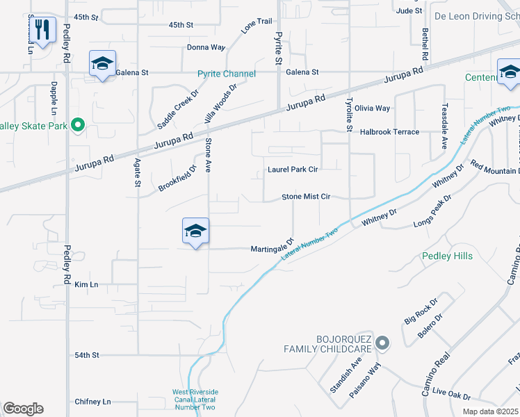 map of restaurants, bars, coffee shops, grocery stores, and more near 8257 Stonemist Circle in Riverside