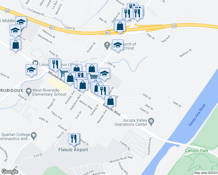 map of restaurants, bars, coffee shops, grocery stores, and more near 3641 Mintern Street in Riverside