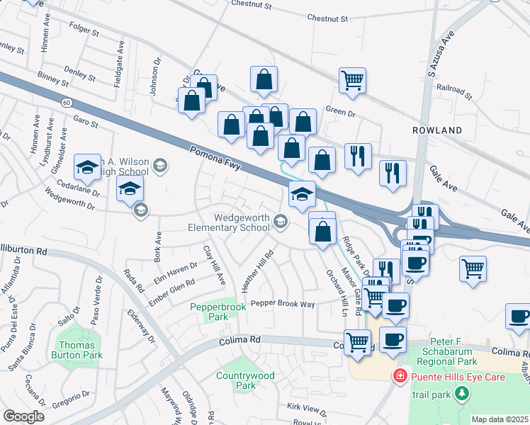 map of restaurants, bars, coffee shops, grocery stores, and more near 1457 Eagle Park Road in Hacienda Heights