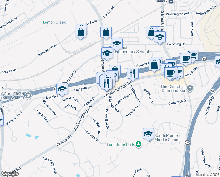 map of restaurants, bars, coffee shops, grocery stores, and more near 20651 Golden Springs Drive in Walnut