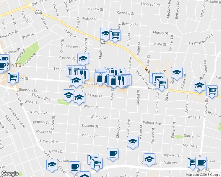 map of restaurants, bars, coffee shops, grocery stores, and more near 2864 Devine Street in Columbia