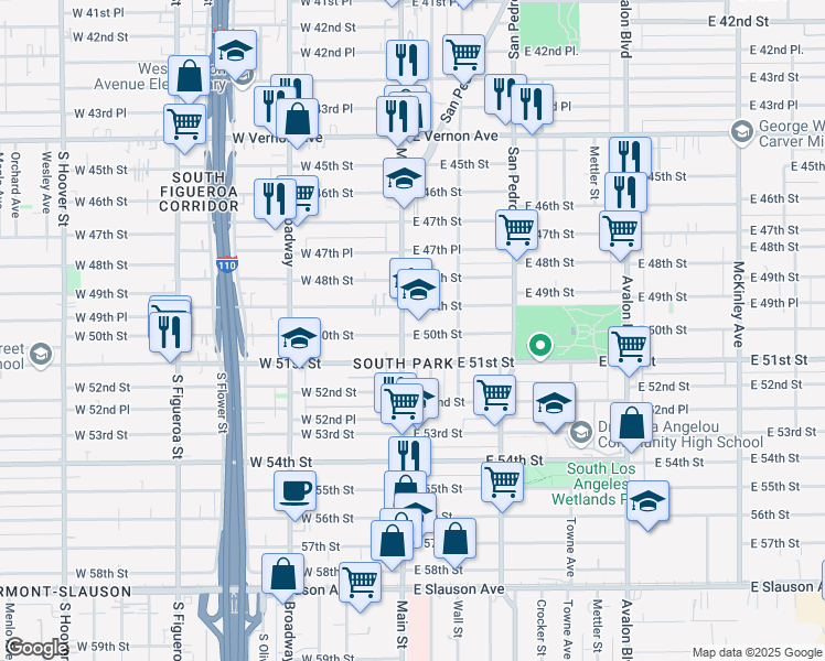 map of restaurants, bars, coffee shops, grocery stores, and more near 111 East 50th Street in Los Angeles