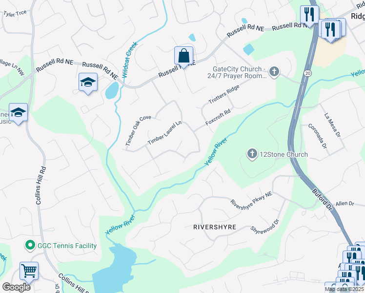 map of restaurants, bars, coffee shops, grocery stores, and more near 211 Timber Laurel Ct in Lawrenceville