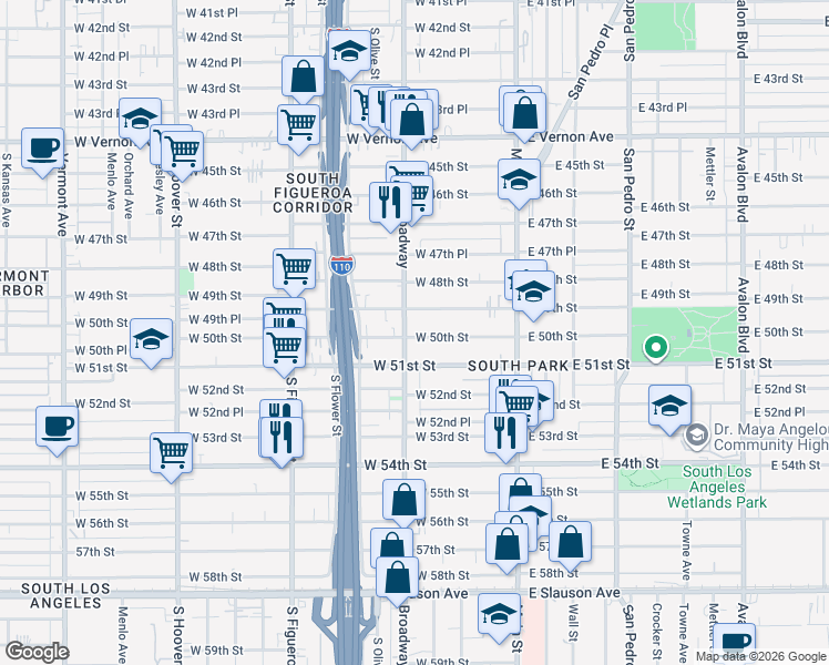 map of restaurants, bars, coffee shops, grocery stores, and more near 253 West 50th Street in Los Angeles
