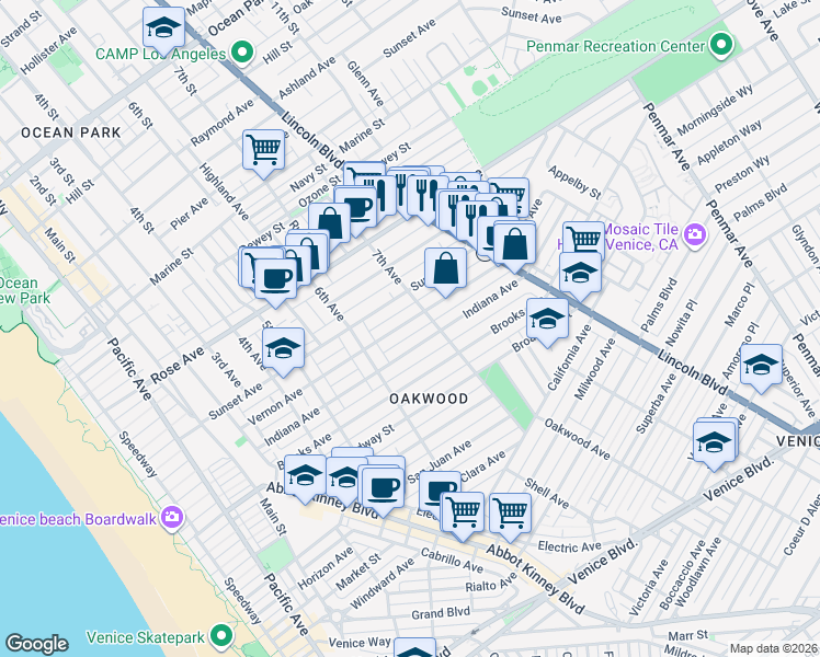 map of restaurants, bars, coffee shops, grocery stores, and more near 654 Vernon Avenue in Los Angeles