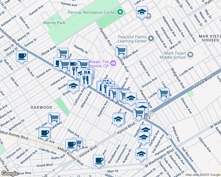 map of restaurants, bars, coffee shops, grocery stores, and more near 1032 Nowita Place in Los Angeles