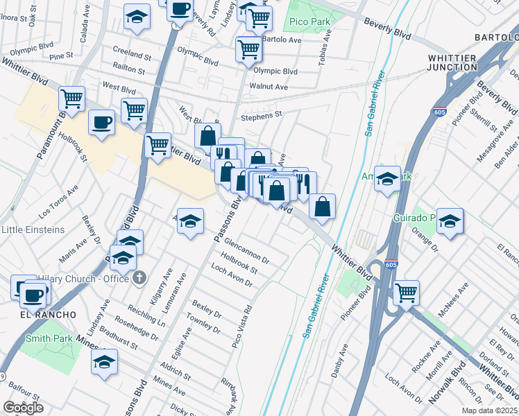 map of restaurants, bars, coffee shops, grocery stores, and more near 5022 Church Street in Pico Rivera