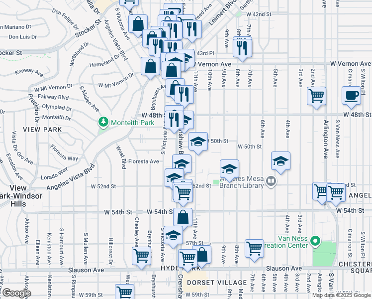 map of restaurants, bars, coffee shops, grocery stores, and more near 3322 West 50th Street in Los Angeles