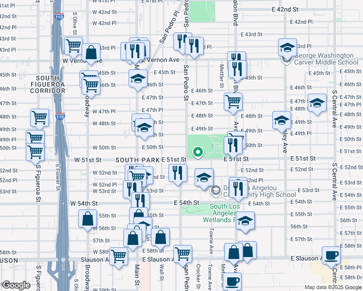 map of restaurants, bars, coffee shops, grocery stores, and more near 299 East 50th Street in Los Angeles