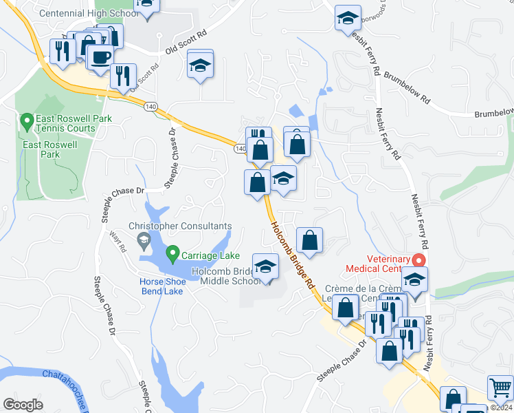 map of restaurants, bars, coffee shops, grocery stores, and more near 2660 Holcomb Bridge Road in Roswell