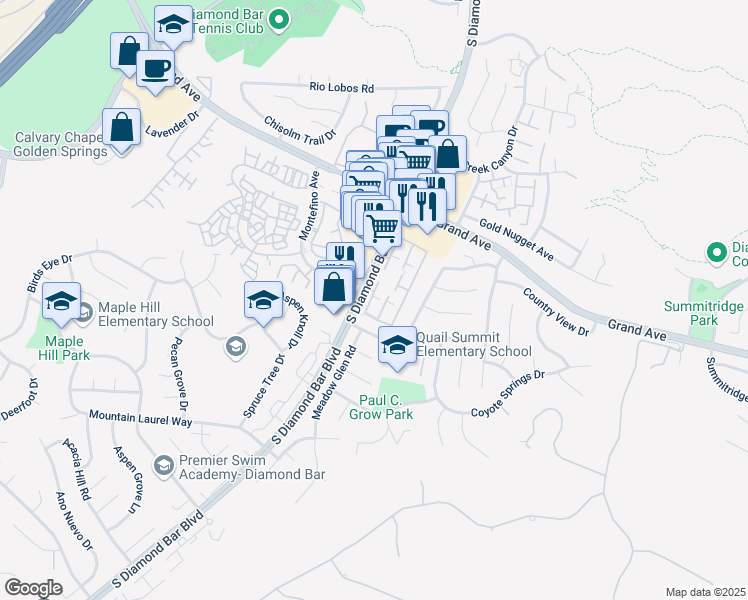 map of restaurants, bars, coffee shops, grocery stores, and more near 1338 South Diamond Bar Boulevard in Diamond Bar
