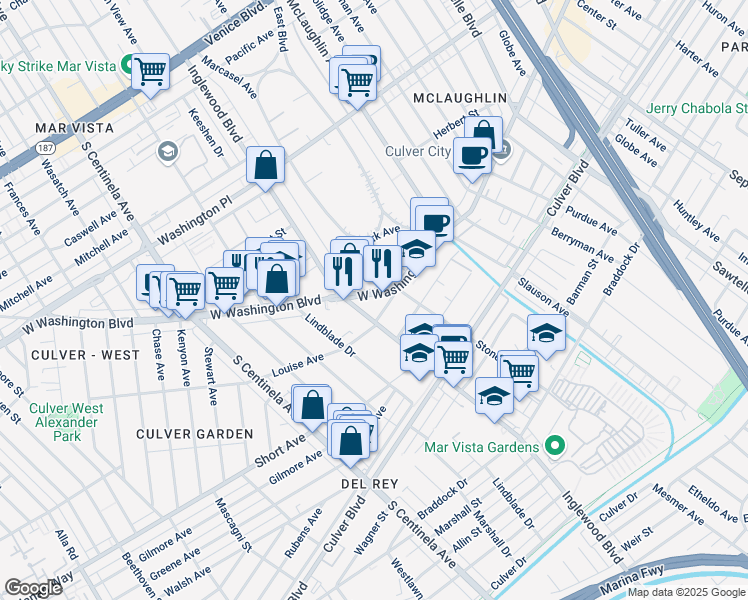 map of restaurants, bars, coffee shops, grocery stores, and more near 11928 Washington Boulevard in Los Angeles