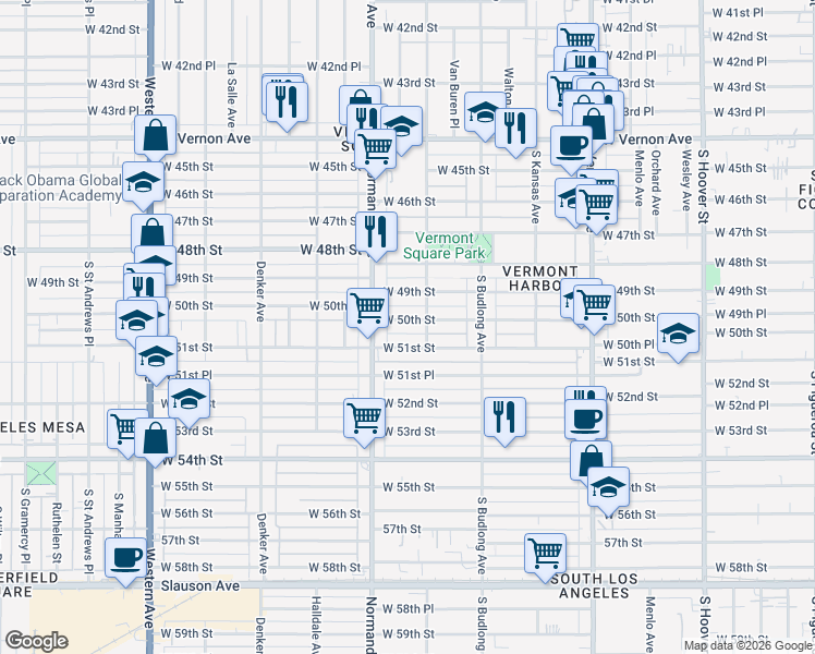 map of restaurants, bars, coffee shops, grocery stores, and more near 1320 West 50th Street in Los Angeles