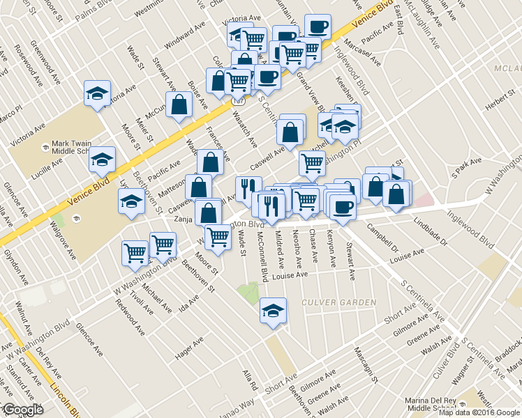 map of restaurants, bars, coffee shops, grocery stores, and more near 12592 Washington Place in Los Angeles
