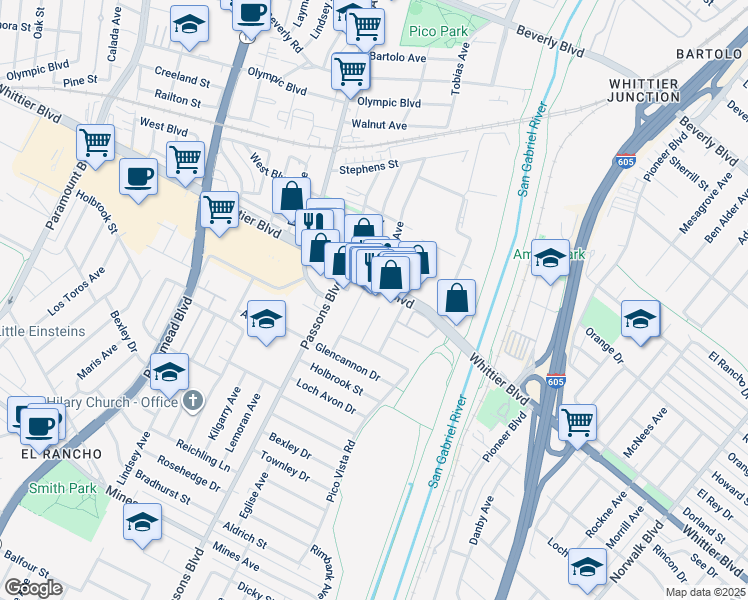 map of restaurants, bars, coffee shops, grocery stores, and more near 5022 Church Street in Pico Rivera