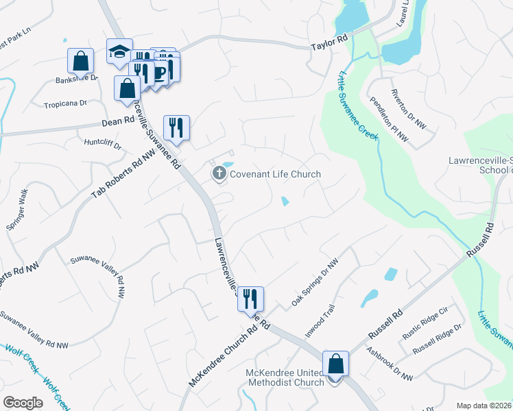 map of restaurants, bars, coffee shops, grocery stores, and more near 465 Suwanee East Drive in Lawrenceville