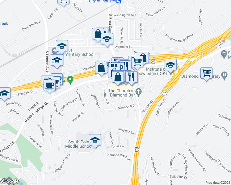 map of restaurants, bars, coffee shops, grocery stores, and more near 1219 Glenclaire Drive in Walnut