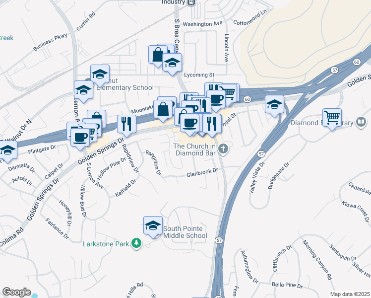 map of restaurants, bars, coffee shops, grocery stores, and more near 1132 South Crofter Drive in Walnut