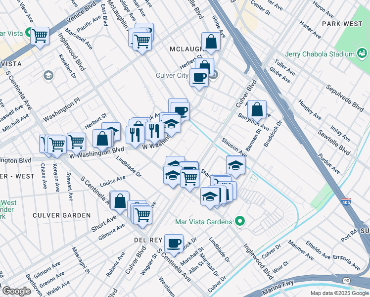 map of restaurants, bars, coffee shops, grocery stores, and more near 11823 Avon Way in Los Angeles