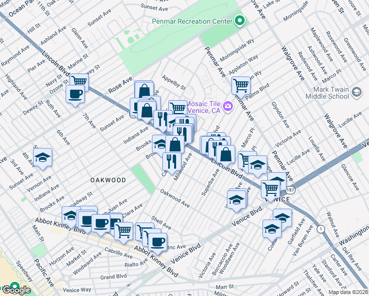 map of restaurants, bars, coffee shops, grocery stores, and more near Venice Lincoln Blvd in Venice