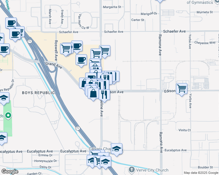 map of restaurants, bars, coffee shops, grocery stores, and more near 4110 Edison Avenue in Chino