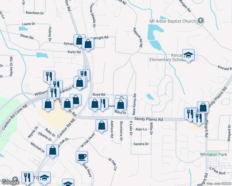 map of restaurants, bars, coffee shops, grocery stores, and more near 1900 Addison Road Northeast in Marietta