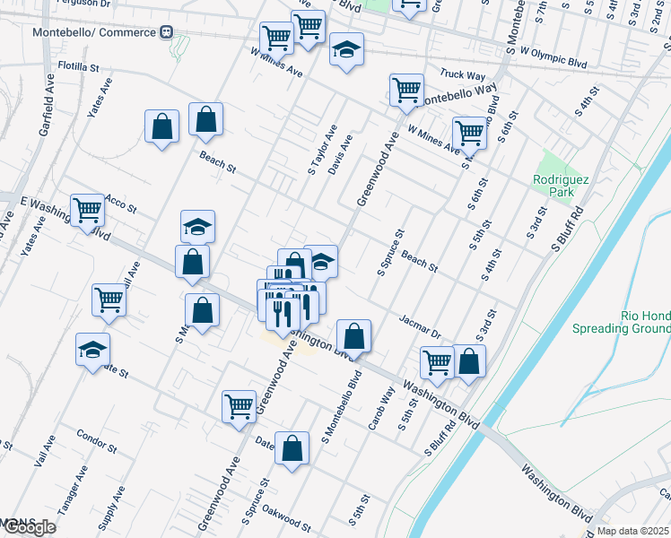 map of restaurants, bars, coffee shops, grocery stores, and more near 846 South Greenwood Avenue in Montebello