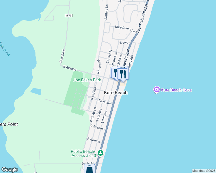 map of restaurants, bars, coffee shops, grocery stores, and more near 125 South 4th Avenue in Kure Beach