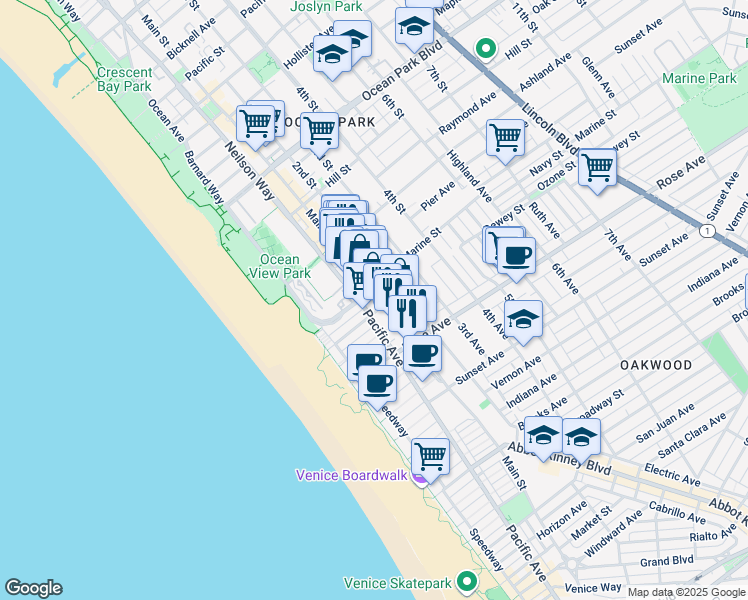map of restaurants, bars, coffee shops, grocery stores, and more near 204 Main Street in Los Angeles