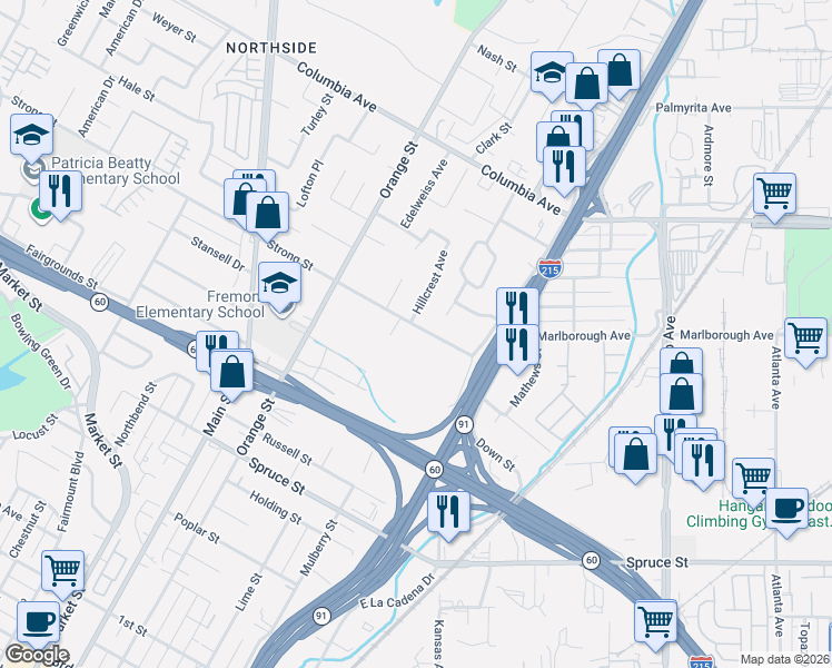 map of restaurants, bars, coffee shops, grocery stores, and more near 1758 Sonic Court in Riverside