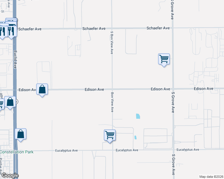 map of restaurants, bars, coffee shops, grocery stores, and more near 7513-7699 Edison Avenue in Ontario