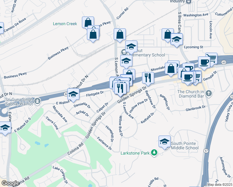 map of restaurants, bars, coffee shops, grocery stores, and more near 109 South Lemon Avenue in Diamond Bar