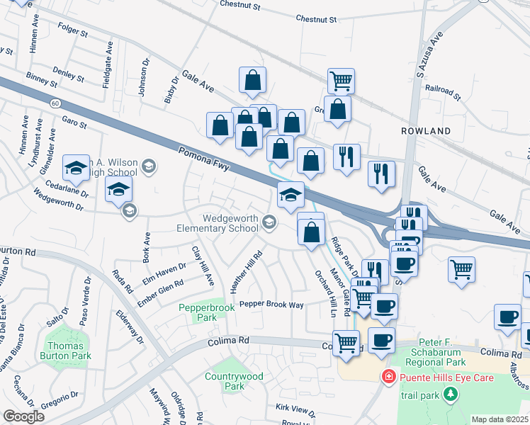 map of restaurants, bars, coffee shops, grocery stores, and more near 1423 Eagle Park Road in Hacienda Heights