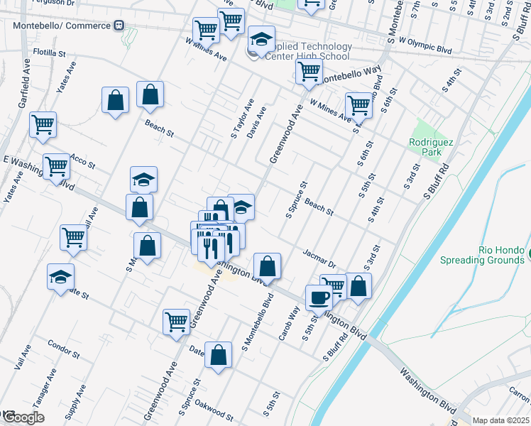 map of restaurants, bars, coffee shops, grocery stores, and more near 846 South Greenwood Avenue in Montebello