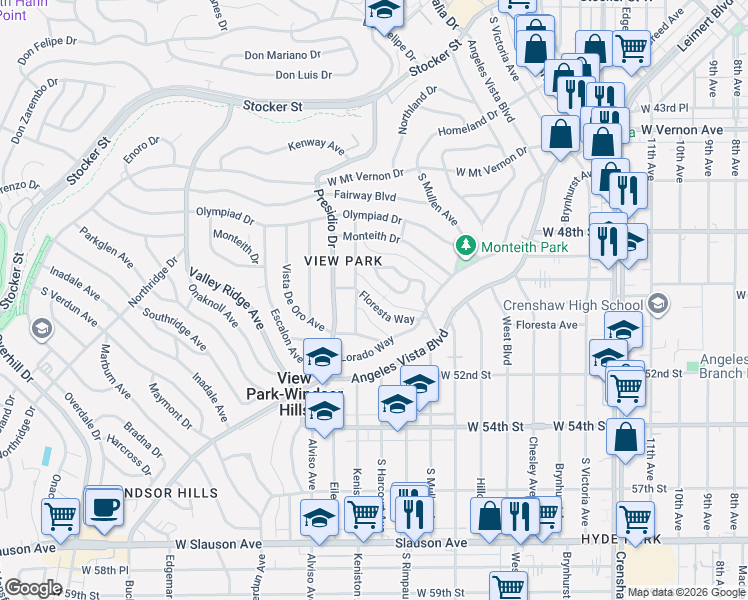 map of restaurants, bars, coffee shops, grocery stores, and more near 3763 Floresta Way in View Park-Windsor Hills