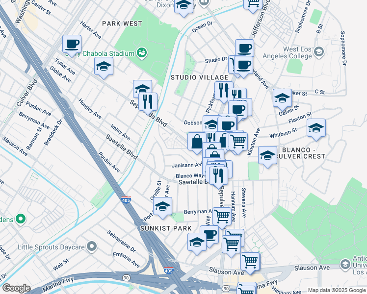 map of restaurants, bars, coffee shops, grocery stores, and more near 5239 Sepulveda Boulevard in Culver City